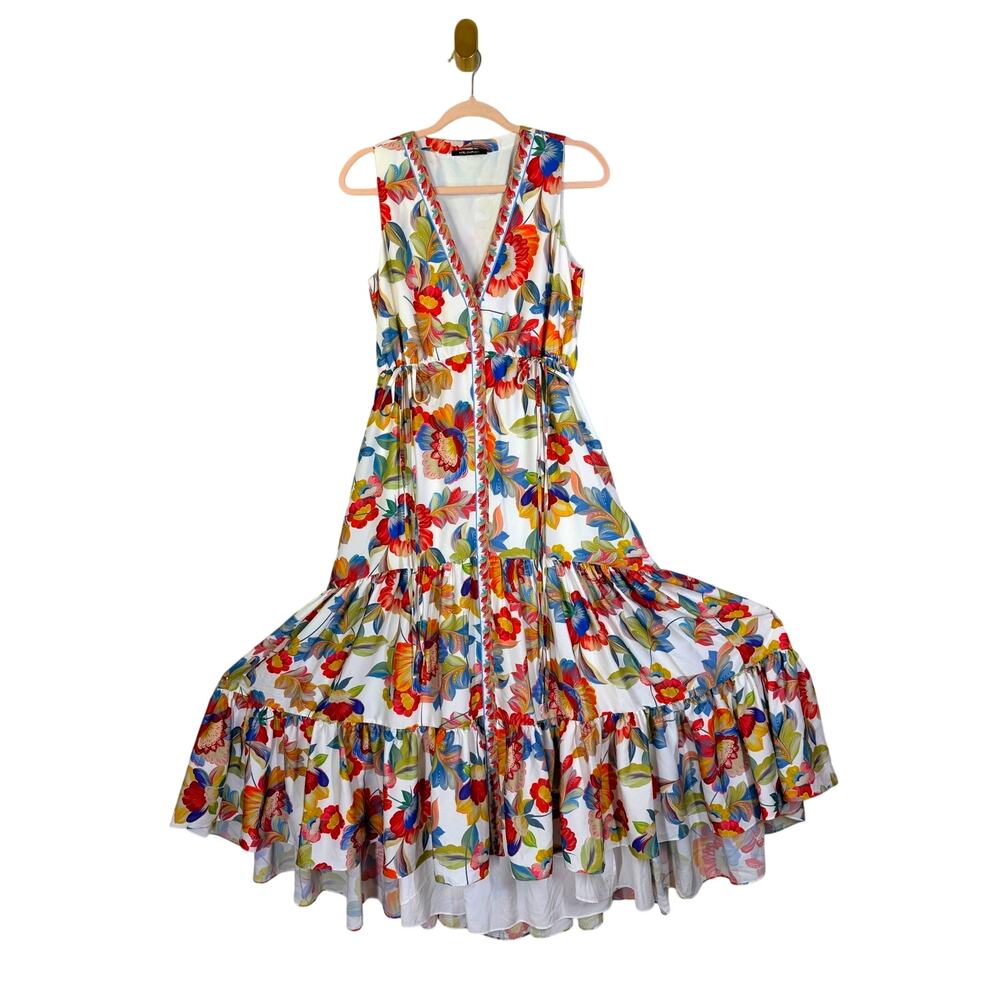 KOBI HALPERIN Dress Large Midi Floral Tiered Tropical Bohemian Slight High-Low